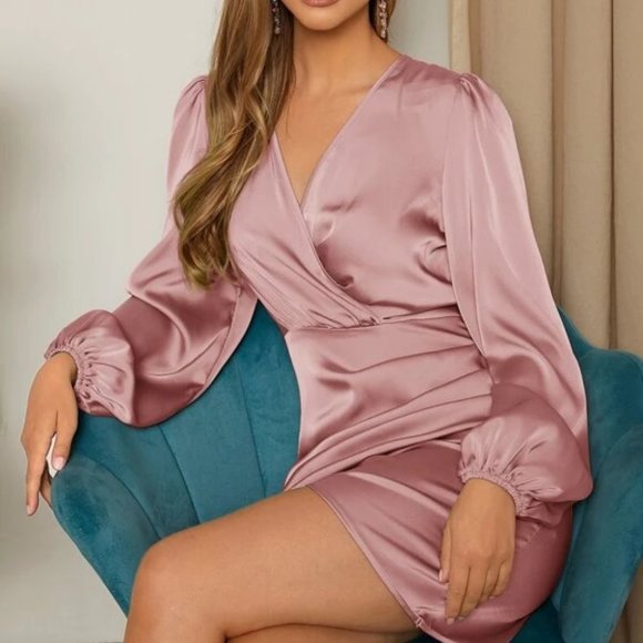pink  Satin Surplice V-Neckline Lantern long Sleeve  Mini Dress - Picture 4 of 7